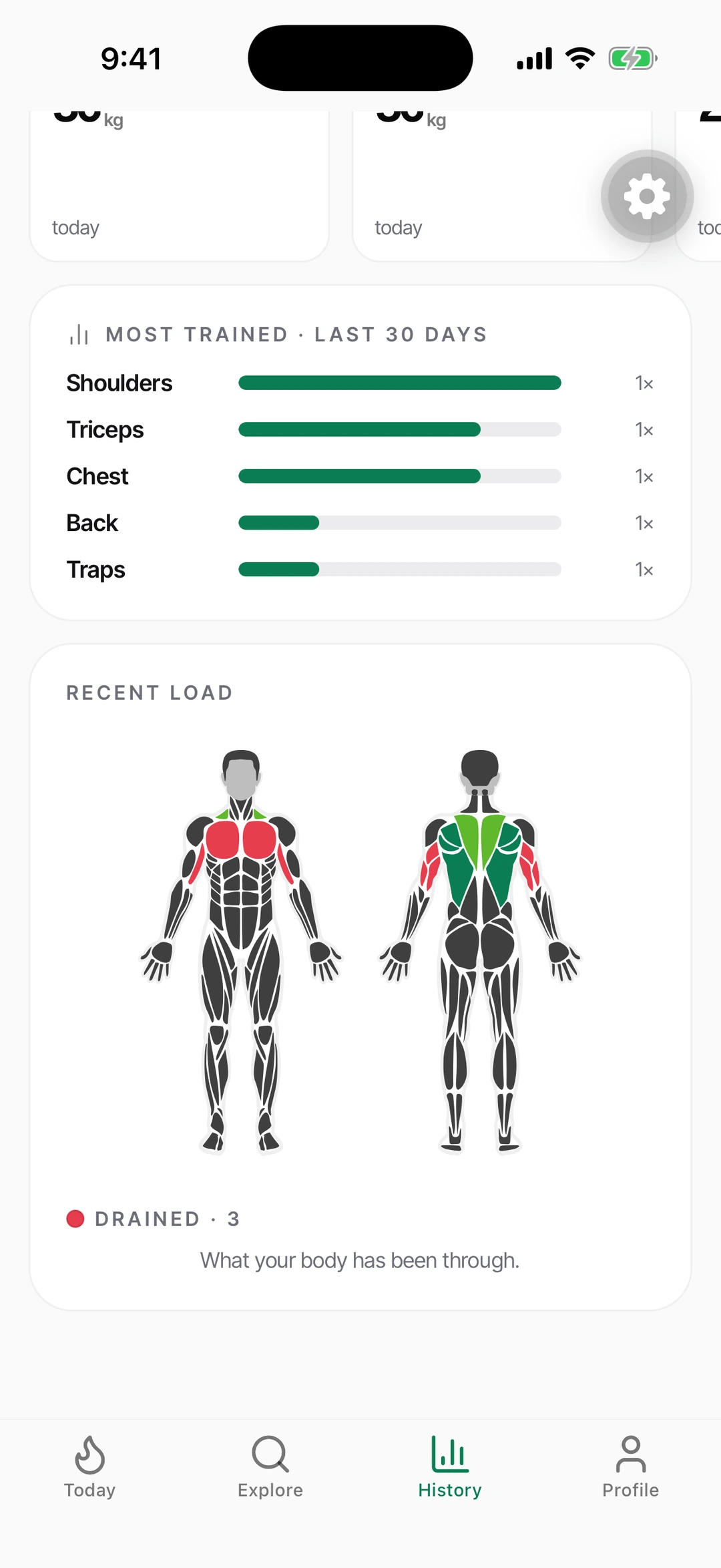 History recovery screen — full muscle silhouettes showing red drained and green recovered.