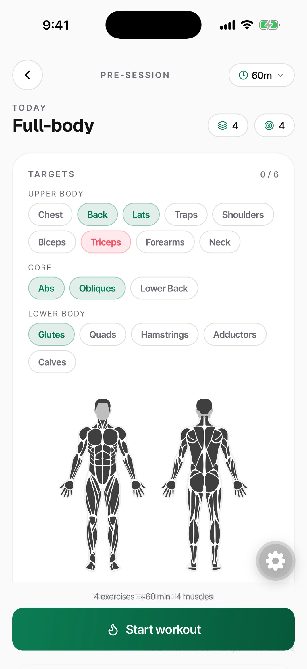 Plan-session screen — target muscles highlighted in blue, drained in red.