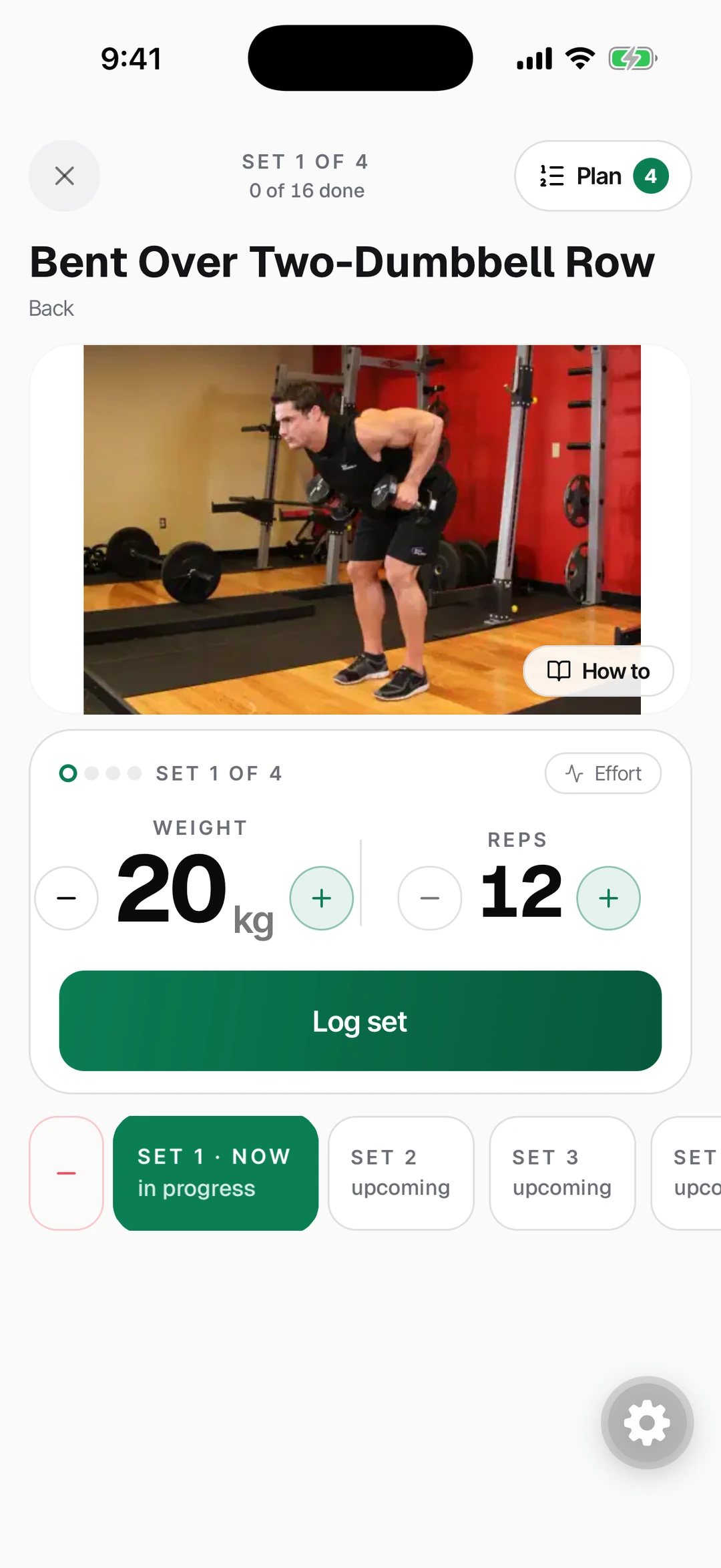 Workout-in-progress screen — set logger with weight, reps, and Log set CTA.